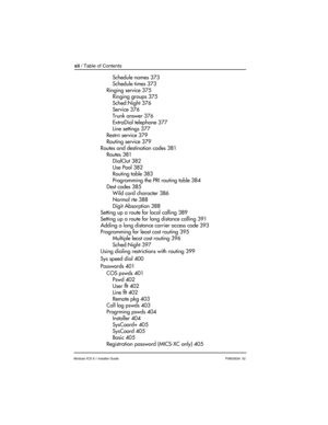 Page 12xii / Table of Contents
Modular ICS 6.1 Installer GuideP0603534  02
Schedule names 373
Schedule times 373
Ringing service 375
Ringing groups 375
Sched:Night 376
Service 376
Trunk answer 376
ExtraDial telephone 377
Line settings 377
Restrn service 379
Routing service 379
Routes and destination codes 381
Routes 381
DialOut 382
Use Pool 382
Routing table 383
Programming the PRI routing table 384
Dest codes 385
Wild card character 386
Normal rte 388
Digit Absorption 388
Setting up a route for local calling...