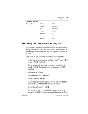 Page 115Dialing plans / 115
P0603534  02Modular ICS 6.1 Installer Guide
PRI dialing plan example for two-way DID
The following list shows the steps involved in configuring a 
dialing plan for two-way DID which uses a Public service. In 
this example the user dials the prefix 8 to place a call over a 
PRI line. 
Note:  Call-by-call is not needed to have two-way DID.
•in Hardware programming, configure the DTI card (PRI) 
to use a Public protocol
• for incoming calls you need to program target lines to 
match the...