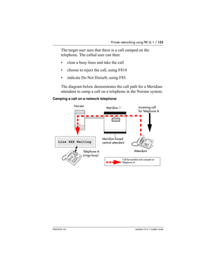 Page 153Private networking using PRI SL-1 / 153
P0603534  02Modular ICS 6.1 Installer Guide
The target user sees that there is a call camped on the 
telephone. The called user can then:
• clear a busy lines and take the call
• choose to reject the call, using F814 
• indicate Do Not Disturb, using F85.
The diagram below demonstrates the call path for a Meridian 
attendant to camp a call on a telephone in the Norstar system.
Camping a call on a network telephone
Norstar
Meridian-based 
central attendant
Te l e p...