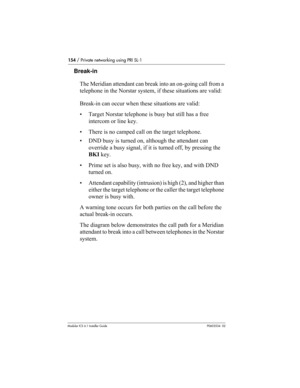 Page 154154 / Private networking using PRI SL-1
Modular ICS 6.1 Installer GuideP0603534  02
Break-in
The Meridian attendant can break into an on-going call from a 
telephone in the Norstar system, if these situations are valid:
Break-in can occur when these situations are valid:
• Target Norstar telephone is busy but still has a free 
intercom or line key.
• There is no camped call on the target telephone.
• DND busy is turned on, although the attendant can 
override a busy signal, if it is turned off, by...