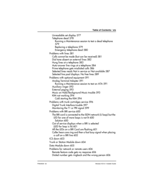 Page 19Table of Contents / xix
P0603534  02Modular ICS 6.1 Installer Guide
Unreadable set display 577
Telephone dead 578
Running a Maintenance session to test a dead telephone 
579
Replacing a telephone 579
Emergency telephone dead 580
Problems with lines 581
Calls cannot be made (but can be received) 581
Dial tone absent on external lines 582
Hung lines at a telephone 583
Auto-answer line rings at a telephone 584
Prime telephone gets misdialed calls 586
Selected lines reads Not in service or Not available 587...