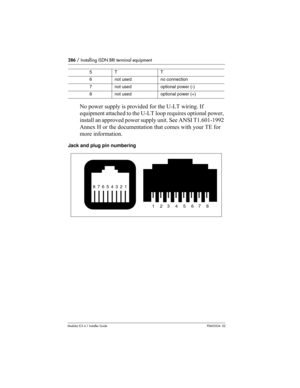 Page 286286 / Installing ISDN BRI terminal equipment
Modular ICS 6.1 Installer GuideP0603534  02
No power supply is provided for the U-LT wiring. If 
equipment attached to the U-LT loop requires optional power, 
install an approved power supply unit. See ANSI T1.601-1992 
Annex H or the documentation that comes with your TE for 
more information.
Jack and plug pin numbering     
5TT
6not usedno connection
7not usedoptional power (-)
8not usedoptional power (+)
8  7  6  5  4  3  2  1
1       2      3       4...