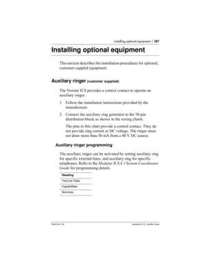 Page 287Installing optional equipment / 287
P0603534  02Modular ICS 6.1 Installer Guide
Installing optional equipment
This section describes the installation procedures for optional, 
customer-suppled equipment.
Auxiliary ringer (customer supplied)
The Norstar ICS provides a control contact to operate an 
auxiliary ringer. 
1. Follow the installation instructions provided by the 
manufacturer.
2. Connect the auxiliary ring generator to the 50-pin 
distribution block as shown in the wiring charts.
The pins in...
