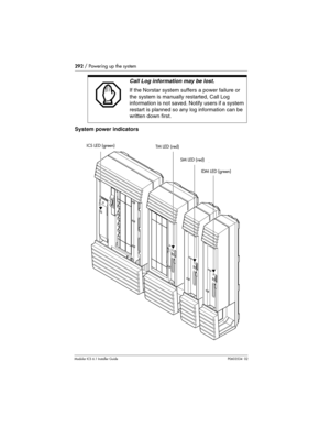 Page 292292 / Powering up the system
Modular ICS 6.1 Installer GuideP0603534  02
System power indicators
Call Log information may be lost.
If the Norstar system suffers a power failure or 
the system is manually restarted, Call Log 
information is not saved. Notify users if a system 
restart is planned so any log information can be 
written down first.
ICS LED (green) TM LED (red)
SM LED (red)
IDM LED (green)
ICS LED (green)
TM LED (red)
SM LED (red)
IDM LED (green) 