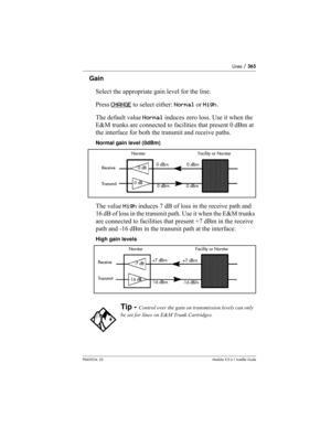 Page 365Lines / 365
P0603534  02Modular ICS 6.1 Installer Guide
Gain
Select the appropriate gain level for the line. 
Press CHANGE
 to select either: Normal or High. 
The default value Normal induces zero loss. Use it when the 
E&M trunks are connected to facilities that present 0 dBm at 
the interface for both the transmit and receive paths.
Normal gain level (0dBm)
The value High induces 7 dB of loss in the receive path and 
16 dB of loss in the transmit path. Use it when the E&M trunks 
are connected to...