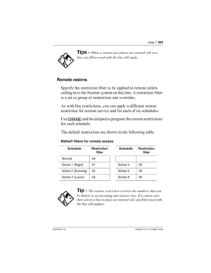 Page 369Lines / 369
P0603534  02Modular ICS 6.1 Installer Guide
Remote restrns
Specify the restriction filter to be applied to remote callers 
calling in to the Norstar system on this line. A restriction filter 
is a set or group of restrictions and overrides. 
As with line restrictions, you can apply a different remote 
restriction for normal service and for each of six schedules.
Use CHANGE
 and the dialpad to program the remote restrictions 
for each schedule. 
The default restrictions are shown in the...