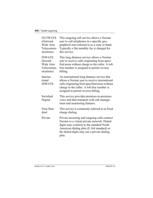 Page 458458 / System prgrming
Modular ICS 6.1 Installer GuideP0603534  02
OUTWATS
(Outward 
Wide Area 
Telecommu-
nications)This outgoing call service allows a Norstar 
user to call telephones in a specific geo-
graphical area referred to as a zone or band. 
Typically a flat monthly fee is charged for 
this service.
INWATS 
(Inward 
Wide Area 
Telecommu-
nications)This long distance service allows a Norstar 
user to receive calls originating from speci-
fied areas without charge to the caller. A toll-
free...