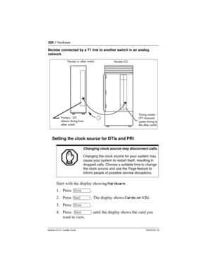 Page 508508 / Hardware
Modular ICS 6.1 Installer GuideP0603534  02
Norstar connected by a T1 link to another switch in an analog 
network
Setting the clock source for DTIs and PRI
Start with the display showing Hardware.
1. Press ≠. 
2. Press ‘. The display shows Cards on KSU.
3. Press ≠.
4. Press  ‘ until the display shows the card you 
want to view.
Changing clock source may disconnect calls.
Changing the clock source for your system may 
cause your system to restart itself, resulting in 
dropped calls. Choose...