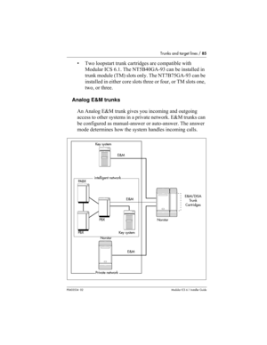 Page 85Trunks and target lines / 85
P0603534  02Modular ICS 6.1 Installer Guide
• Two loopstart trunk cartridges are compatible with 
Modular ICS 6.1. The NT5B40GA-93 can be installed in 
trunk module (TM) slots only. The NT7B75GA-93 can be 
installed in either core slots three or four, or TM slots one, 
two, or three.
Analog E&M trunks
An Analog E&M trunk gives you incoming and outgoing 
access to other systems in a private network. E&M trunks can 
be configured as manual-answer or auto-answer. The answer...