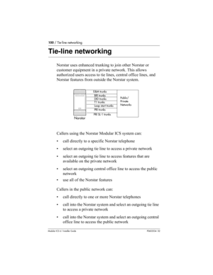 Page 100100 / Tie-line networking
Modular ICS 6.1 Installer GuideP0603534  02
Tie-line networking
Norstar uses enhanced trunking to join other Norstar or 
customer equipment in a private network. This allows 
authorized users access to tie lines, central office lines, and 
Norstar features from outside the Norstar system.
Callers using the Norstar Modular ICS system can:
• call directly to a specific Norstar telephone
• select an outgoing tie line to access a private network
• select an outgoing tie line to...