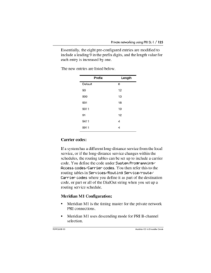 Page 125Private networking using PRI SL-1 / 125
P0992638 03Modular ICS 6. 0 Installer Guide
Essentially, the eight pre-configured entries are modified to 
include a leading 9 in the prefix digits, and the length value for 
each entry is increased by one. 
The new entries are listed below.
Carrier codes:
If a system has a different long-distance service from the local 
service, or if the long-distance service changes within the 
schedules, the routing tables can be set up to include a carrier 
code. You define...