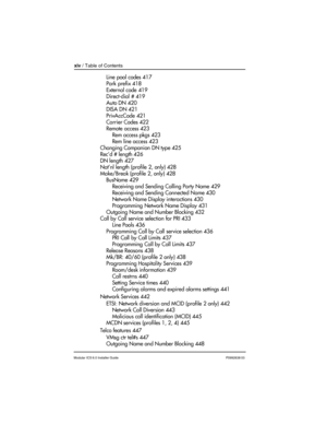 Page 14xiv / Table of Contents
Modular ICS 6.0 Installer GuideP0992638 03
Line pool codes 417
Park prefix 418
External code 419
Direct-dial # 419
Auto DN 420
DISA DN 421
PrivAccCode 421
Carrier Codes 422
Remote access 423
Rem access pkgs 423
Rem line access 423
Changing Companion DN type 425
Rec’d # length 426
DN length 427
Nat’nl length (profile 2, only) 428
Make/Break (profile 2, only) 428
BusName 429
Receiving and Sending Calling Party Name 429
Receiving and Sending Connected Name 430
Network Name Display...