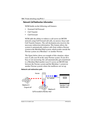 Page 134134 / Private networking using PRI SL-1
Modular ICS 6.0 Installer GuideP0992638 03
Network Call Redirection Information
NCRI builds on the following call features:
External Call Forward
Call Transfer
Call Forward
NCRI adds the ability to redirect a call across an MCDN 
network using Call Forward (all calls, no answer, busy) and 
Call Transfer features. The call destination also receives the 
necessary redirection information. This feature allows the 
system to automatically redirect calls from within...