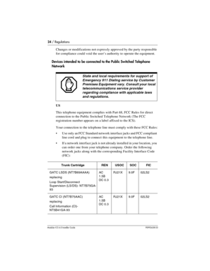 Page 2424 / Regulations
Modular ICS 6.0 Installer GuideP0992638 03
Changes or modifications not expressly approved by the party responsible 
for compliance could void the user’s authority to operate the equipment.
Devices intended to be connected to the Public Switched Telephone 
Network
US
This telephone equipment complies with Part 68, FCC Rules for direct 
connection to the Public Switched Telephone Network (The FCC 
registration number appears on a label affixed to the ICS).
Your connection to the telephone...