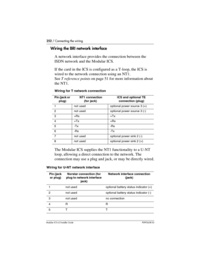 Page 252252 / Connecting the wiring
Modular ICS 6.0 Installer GuideP0992638 03
Wiring the BRI network interface
A network interface provides the connection between the 
ISDN network and the Modular ICS.
If the card in the ICS is configured as a T-loop, the ICS is 
wired to the network connection using an NT1. 
See T reference points on page 51 for more information about 
the NT1.
Wiring for T network c onnection
The Modular ICS supplies the NT1 functionality to a U-NT 
loop, allowing a direct connection to the...