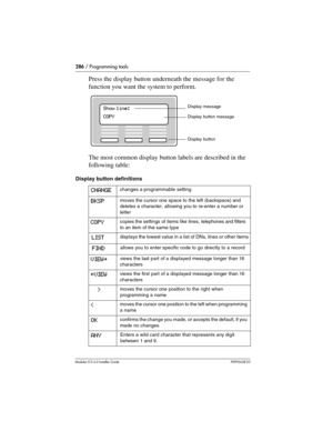 Page 286286 / Programming tools
Modular ICS 6.0 Installer GuideP0992638 03
Press the display button underneath the message for the 
function you want the system to perform.
The most common display button labels are described in the 
following table:
Display button definitions
CHANGE changes a programmable setting
BKSPmoves the cursor one space to the left (backspace) and 
deletes a character, allowing you to re-enter a number or 
letter
COPYcopies the settings of items like lines, telephones and filters 
to an...