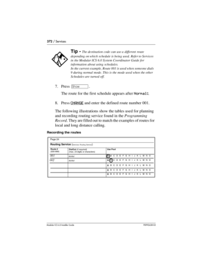 Page 372372 / Services
Modular ICS 6.0 Installer GuideP0992638 03
7. Press ≠. 
The route for the first schedule appears after Normal:. 
8. Press CHANGE
 and enter the defined route number 001.
The following illustrations show the tables used for planning 
and recording routing service found in the Programming 
Record. They are filled out to match the examples of routes for 
local and long distance calling.
Recording the routes
Tip - The destination code can use a different route 
depending on which schedule is...