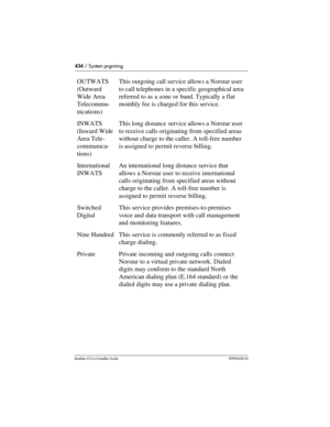 Page 434434 / System prgrming
Modular ICS 6.0 Installer GuideP0992638 03
OUTWATS
(Outward 
Wide Area 
Telecommu-
nications)This outgoing call service allows a Norstar user 
to call telephones in a specific geographical area 
referred to as a zone or band. Typically a flat 
monthly fee is charged for this service.
INWATS 
(Inward Wide 
Area Tele-
communica-
tions)This long distance service allows a Norstar user 
to receive calls originating from specified areas 
without charge to the caller. A toll-free number...