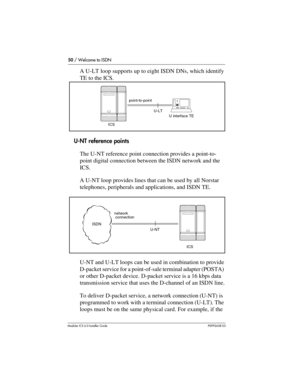 Page 5050 / Welcome to ISDN
Modular ICS 6.0 Installer GuideP0992638 03
A U-LT loop supports up to eight ISDN DNs, which identify 
TE to the ICS.
U-NT reference points
The U-NT reference point connection provides a point-to-
point digital connection between the ISDN network and the 
ICS.
A U-NT loop provides lines that can be used by all Norstar 
telephones, peripherals and applications, and ISDN TE.
U-NT and U-LT loops can be used in combination to provide 
D-packet service for a point-of-sale terminal adapter...