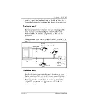 Page 51Welcome to ISDN / 51
P0992638 03Modular ICS 6. 0 Installer Guide
network connection is a loop found on the BRI Card in Slot 1, 
the terminal connection must be a loop found on the same card.
S reference point
The S reference point connection provides either a point-to-
point or point-to-multipoint digital connection between 
Norstar and ISDN terminal equipment (TE) that uses an 
S interface.
S loops support up to seven ISDN DNs, which identify TE to 
the ICS.
T reference points
The T reference point...