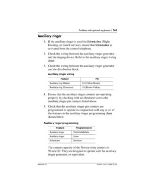 Page 563Problems with optional equipment / 563
P0992638 03Modular ICS 6. 0 Installer Guide
Auxiliary ringer
1. If the auxiliary ringer is used for Schedules (Night, 
Evening, or Lunch service), ensure that Schedules is 
activated from the control telephone.
2. Check the wiring between the auxiliary ringer generator 
and the ringing device. Refer to the auxiliary ringer wiring 
chart.
3. Check the wiring between the auxiliary ringer generator 
and the distribution block:
Auxiliary ringer wiring
4. Ensure that the...