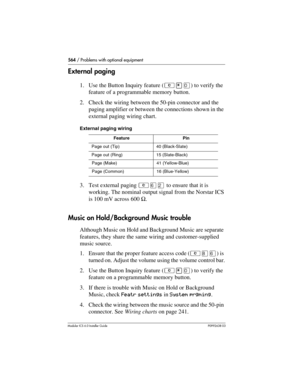 Page 564564 / Problems with optional equipment
Modular ICS 6.0 Installer GuideP0992638 03
External paging
1. Use the Button Inquiry feature (²¥â) to verify the 
feature of a programmable memory button.
2. Check the wiring between the 50-pin connector and the 
paging amplifier or between the connections shown in the 
external paging wiring chart.
External paging wiring
3. Test external paging ²ßÛ to ensure that it is 
working. The nominal output signal from the Norstar ICS 
is 100 mV across 600 Ω.
Music on...