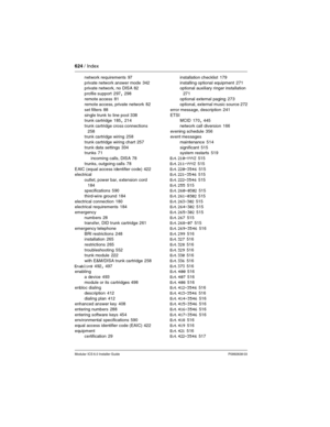 Page 624624 / Index
Modular ICS 6.0 Installer GuideP0992638 03
network requirements 97
private network answer mode
 342
private network, no DISA 82
profile support
 297, 298
remote access
 81
remote access, private network 82
set filters
 88
single trunk to line pool
 338
trunk cartridge 185, 214
trunk cartridge cross connections
 
258
trunk cartridge wiring 258
trunk cartridge wiring chart
 257
trunk data settings
 334
trunks 71
incoming calls, DISA
 78
trunks, outgoing calls
 78
EAIC (equal access identifier...