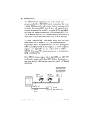 Page 6666 / Working with ISDN
Modular ICS 6.0 Installer GuideP0992638 03
The ISDN terminal equipment (TE) on the loop is also 
programmed with its ISDN DN. See the instructions that come 
with the ISDN device for information on how to program it to 
recognize the assigned DN. Most devices will require both a 
terminal service profile identifier (terminal SPID) and a DN, 
and some will require two terminal SPIDs and two ISDN DNs. 
The SPID used with the device should not be confused with a 
SPID used for network...