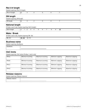 Page 6759
P0992642 03 Modular ICS 6.0 Programming Record
Rec’d # length 
(System prgrming; Rec’d # length) 
DN length 
(System prgrming; DN length) 
National length 
(Profile 2 and 3 only: System prgrming; Nat’nl length)  
Make / Break
(Profile 2 and 3 only: System prgrming; Mk / Br)  
Business name 
(System prgrming; BusName) 
CbC limits
(System prgrming; CbC limits) (Profiles 1 and 4 only) 
Release reasons
(System prgrming; Release reasons) Rec’d # length2
34567
DN length2
34567
Nat’nl length 0 1 2 3 4 5 6 7...