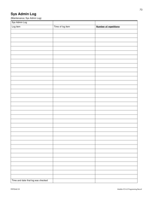 Page 8173
P0992642 03 Modular ICS 6.0 Programming Record
Sys Admin Log 
(Maintenance; Sys Admin Log)  
Sys Admin Log
Log item Time of log itemNumber of repetitions
Time and date that log was checked 