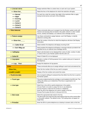 Page 9587
P0992642 03Modular ICS 6.0 Programming Record
 Line/set rstrnsAssign restriction filters to certain lines on each set in your system.
 Show line:_Select the line on this telephone for which the restriction will apply.
 Normal
 Night
 Evening
 Lunch
 Sched 4
 Sched 5
 Sched 6For each line, enter the number (two-digit) of the restriction filter to apply 
during normal service and each of the schedules.
 Telco featuresThese commands allow you to program how the...