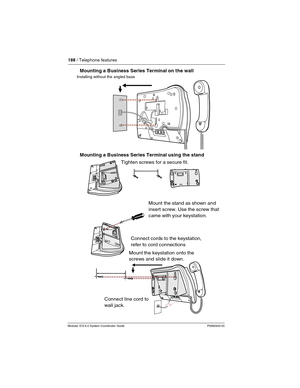 Page 188188 / Telephone features
Modular ICS 6.0 System Coordinator Guide P0992640 03
Mounting a Business Series Terminal on the wall
Mounting a Business Series Terminal using the stand
Installing without the angled base
Mount the keystation onto the
    screws and slide it down.Mount the stand as shown and
insert screw. Use the screw that
came with your keystation.
 
Connect line cord to 
wall jack. Connect cords to the keystation,
    refer to cord connections
  Tighten screws for a secure fit. 