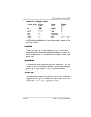 Page 241General System features / 241
P0992640 03 Modular ICS 6.0 System Coordinator Guide
Substitutes for display buttons
All displays listed in this book are shown as they appear on the 
two-line display.
Prime line
Your telephone can be programmed to select an internal or 
external line or a line pool automatically whenever you lift the 
receiver or press the key labeled Handsfree/Mute. This is your 
prime line.
Private lines
A private line is exclusive to a particular telephone. Calls that 
are put on hold...