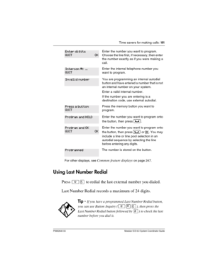 Page 81Time savers for making calls / 81
P0992640 03 Modular ICS 6.0 System Coordinator Guide
Using Last Number Redial
Press ²Þ to redial the last external number you dialed.
Last Number Redial records a maximum of 24 digits.
Enter the number you want to program. 
Choose the line first, if necessary, then enter 
the number exactly as if you were making a 
call.
Enter the internal telephone number you 
want to program.
You are programming an internal autodial 
button and have entered a number that is not 
an...