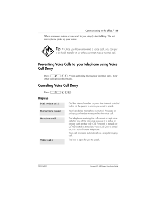 Page 119Communicating in the office /119
P0941543 01 Compact ICS 4.2 System Coordinator Guide
;	 
	
	 #	  

	 
 
 
  # 	 	



	 
#  
 

	
Preventing Voice Calls to your telephone using Voice
Call Deny
&	²¡¡ K

	 
  #	 	 	 



	 
 

		 

Canceling Voice Call Deny
&	² £¡¡
Displays
Tip -Once you have answered a voice call, you can put
it on hold, transfer it, or otherwise treat it as a normal call....