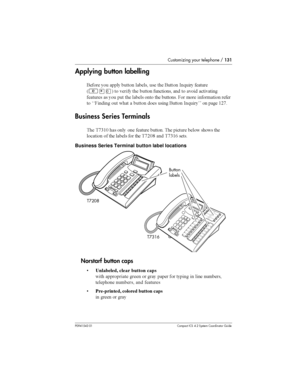 Page 131Customizing your telephone /131
P0941543 01 Compact ICS 4.2 System Coordinator Guide
Applying buttonlabelling
	
	 
 
 	 	 	 
 -A 		
6
²¥â7 
 	 	 


  
 
 

		   
  	 	 

 	 
 $
 
	 

 		

 %%$ 
   
 
	 
 -A 
 	 (8*
BusinessSeriesTerminals
	 *0(3  
 
	 		 
 	 
	 	
 
 	



 
 	 	 
 	*83:...