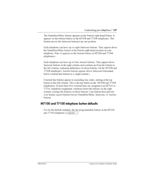 Page 137Customizing your telephone /137
P0941543 01 Compact ICS 4.2 System Coordinator Guide
	 		C2	 		 	 
 	 

 9 
 -
	 
 	 

 
 
 	 2*83:  *83: 		
	 
		 
	 	 -	
 
67  
	


4
 		
	 
 	  
 	 -	
 
 		 
	
	 		C2	 
  	 

 9 

 
 

		
	 
	+ -	  	 

 
 
 2*83: *83:
		
	7
4
 		
...