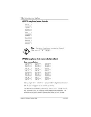 Page 138138/ Customizing your telephone
Compact ICS 4.2 System Coordinator Guide P0941543 01
M7208 telephone buttondefaults
M7310 telephone dual-memorybutton defaults
Dual-memory buttons
 	,	 
 	 
   	  
9 	 	
! 0: 
	 
 	 
  	 
 .5&
	
	 	 
 
 	 9	
 
 
 
 
 	, 

 		
	 
	 
 		
	  
 
 
 	 	


  
 	#	  	

 
 	 ...