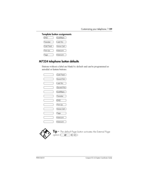 Page 139Customizing your telephone /139
P0941543 01 Compact ICS 4.2 System Coordinator Guide
Template button assignments
M7324 telephonebutton defaults

 
  	 	 #   	  
 	 
	 

 
		 

¶
 µ
ºCall FwdÅ
ÏÆ
¹Æ
ººCall Fwd
º§
ºµ
ººSaved No.
º
º 
º¶
ºÏ
ºÅ
º¹
ºÆ
ºÆ
Tip -The default Page button activates the External Page
option (²ßÛ). 