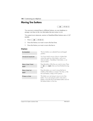 Page 140140/ Customizing your telephone
Compact ICS 4.2 System Coordinator Guide P0941543 01
Moving line buttons
²¥¡Ú

 
 
	 	,		 
		 
 
 
 		
	 

	  
 	  	   #	 	 
 		 
 


 

 
	 	
 	 
 		C2	 
 

  .5&

	
( &	
²¥¡Ú
8 &	 	 
  
 
 
	 	 	 

0 &	 	 
  
 
 
	 	 	 

Displays
The two buttons you selected have exchanged
position.
You have...