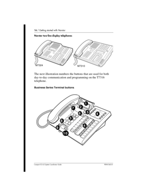 Page 1616/Getting started with Norstar
Compact ICS 4.2 System Coordinator Guide P0941543 01
Norstar two-line display telephones
The next illustration numbers the buttons that are used for both
day-to-day communication and programming on the T7316
telephone.
Business Series Terminal buttonss
M7310 M7324
1
2
3
4
546
7
8
10
9 