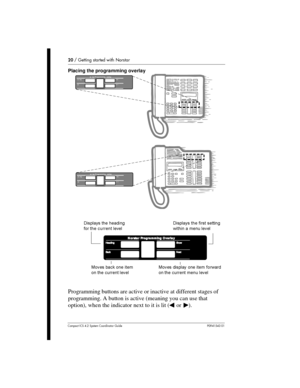 Page 2020/Getting started with Norstar
Compact ICS 4.2 System Coordinator Guide P0941543 01
Placing the programming overlay
Programming buttons are active or inactive at different stages of
programming. A button is active (meaning you can use that
option), when the indicator next to it is lit (»or¼).
Heading
Back NextShowNorstar Programming Overlay
Heading
Back NextShowNorstar Programming Overlay
Heading
BackNext ShowNorstar Programming Overlay
 	
 
	 		
 	
    
  ...