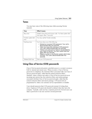 Page 203Using System features /203
P0941543 01 Compact ICS 4.2 System Coordinator Guide
Tones

  	 
	 
 	 


	 	 

	 

	
	 
Using Class of Service (COS) passwords
. 
 	
	 
 	 

	 

	 
  	> 	

	

  	  	
	 	;	 
 		  . 
	
	

   		
	 	 	

 	 

	   
 . 

	
	 
  	 	 
 	

 	
 	  ...