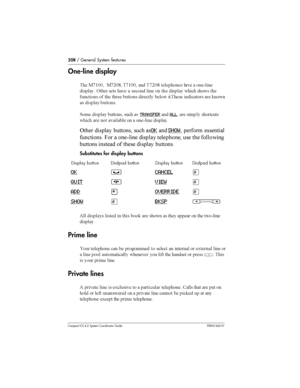 Page 208208/ General System features
Compact ICS 4.2 System Coordinator Guide P0941543 01
One-line display
	 2*(33 2*83: *(33 *83: 		
	 	  
	9	
  1	 	 	 	
 	 
 	 
 
 	


 
 	 		 
 	
 	
 		 

 	 #

  


	 
 
 
TRANSFERALL 	    



 	 
 	 
  
	9	 
  	

 		 	OKSHOW 
 		
	...