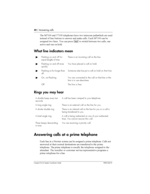 Page 4040/ Answering calls
Compact ICS 4.2 System Coordinator Guide P0941543 01
	 2*(33  *(33 		
	 	 
 	
 
 	 	
	 
 	 
 
 	 #	 
4
 2*(33 
 	
	 
 	 
 
 	
³
 
 			 
 
 
	

	  
	 
 

What line indicators mean
Rings you may hear
Answering calls at a prime telephone
4
 	   
 	 
 	 	  	 		
	 . 

		  	 
 	
 	 	...