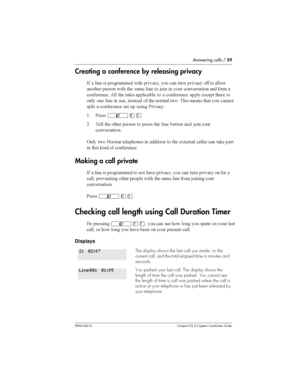 Page 59Answering calls /59
P0941543 01 Compact ICS 4.2 System Coordinator Guide
Creating a conference by releasing privacy
-  	  
	  
 
 
 
 
 
 


	 	
  	 	 	 
 B
  
 
	
  
 

		
	 5 	 	 
	 
 
		
	 	,
	 		 

 
	 	  	 	 
 	
 
  	   
 


  
		
	 	   &

( &	
²¡Ü
8 	 	 
	 	
 
	 	 	 ...