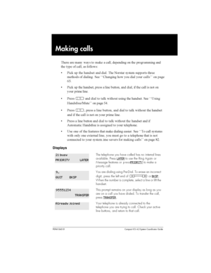 Page 61P0941543 01 Compact ICS 4.2 System Coordinator Guide
Making calls
		 	    
 #	  
 		 
 	 
 
	 	 
 
  

+
 &
#  	 	   	
 	 
 		
	
 
  		 %%. 
 
  
 
 
 	
/@
 &
#  	 	 	  	 
    	 
  
 

 
 	 	
 &	
Â  
 # 
  		 		%%=
		C2	 
 	 @)
 &	
Â 	  	 ...