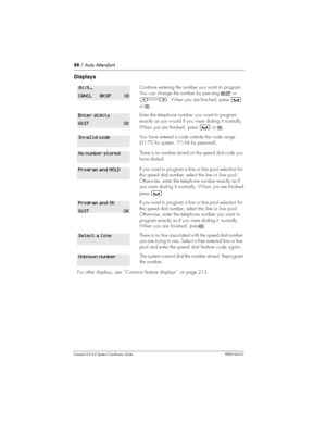 Page 8888/ Auto Attendant
Compact ICS 4.2 System Coordinator Guide P0941543 01
Displays
Continue entering the number you want to program.
You can change the number by pres singBKSP
or
Ã. When you are finis hed, press³
orOK.
Enter the telephonenumber you want toprogram
exactly as you would if you were dialing it normally.
When you are finished, press
³orOK.
You have entered acode outside the code range
(01-70 for system, 71-94 for personal).
There is no number stored on the speed dial code you
have dialed.
If...