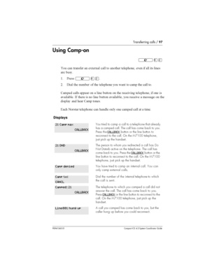 Page 97Transferring calls /97
P0941543 01 Compact ICS 4.2 System Coordinator Guide
Using Camp-on
²¡Û

 
 	 	,	 
 
 
			
	 		    	
	  
( &	
²¡Û
8 ! 	 	 
 			
	 
 

 	 
 

.	 
 	 
  	 
 
 	 	
	 		
	  
	 
	 - 		  
 	 
 	 
 	
		  		 
 	
  	 . 
	
4
 
 		
	 
	 
 
	
	 
   	...