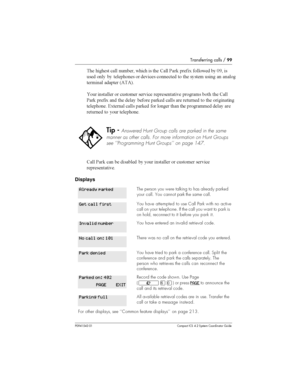 Page 99Transferring calls /99
P0941543 01 Compact ICS 4.2 System Coordinator Guide
	 	 
 	 
  	 . &# 	 ,

	  3D 
	 
  		
	 
 	
	 
	
	 
 	 	   

		 6557

 	 
 

	 	
	 				 

 	 .
&# 	,  	 	 	
	 #	 
 	 		 
 	 

		
	 4,	 
 #	 
 
	  	 
	 	 	
		 
 
 		
	
. &#...